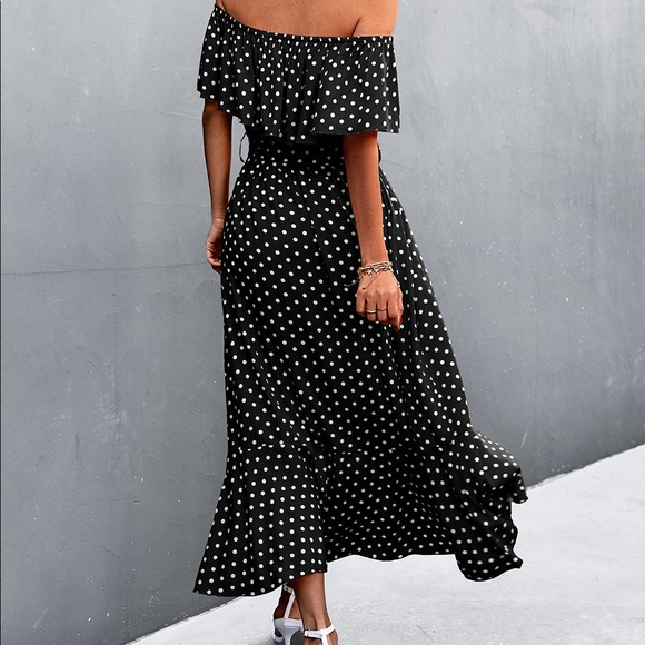 Closet Clear-Out - Polka Dot Layered Off-Shoulder Belted Dress - Picture 7 of 7